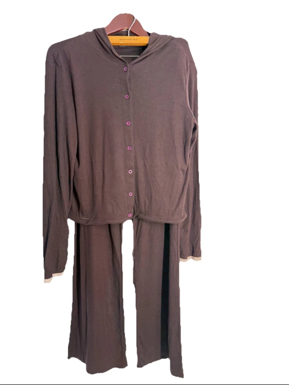Vtg Mossimo Womens Lounge Hooded Flare wide leg Tracksuit Brown Lace Pant 90s Y2